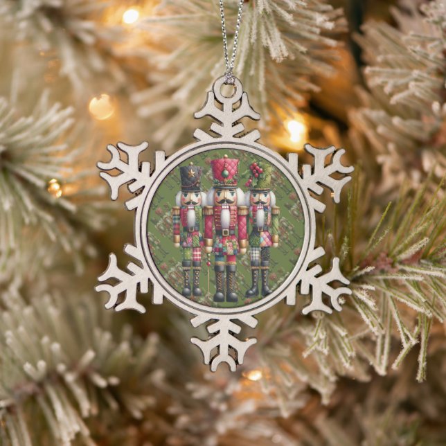 Whimsical Patchwork Christmas Nutcracker Trio Snowflake Pewter Christmas Ornament (Tree)