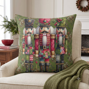 Whimsical Patchwork Christmas Nutcracker Trio Throw Pillow