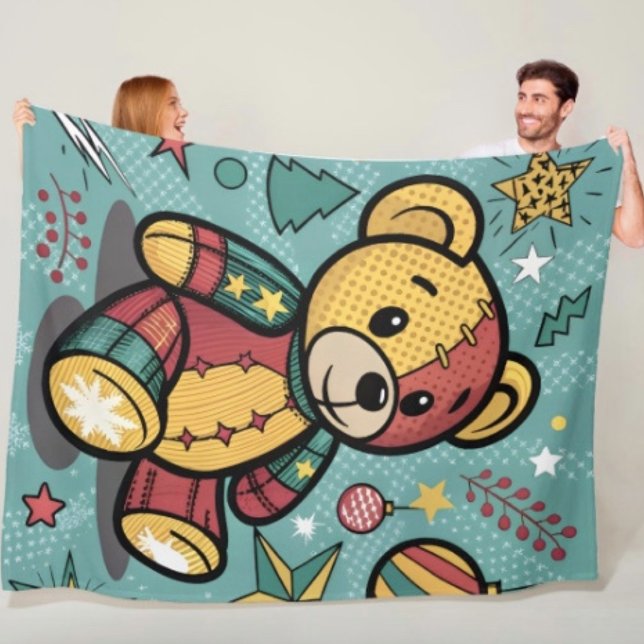 Whimsical Patchwork Christmas Teddy Bear Fleece Blanket (Fleece  blanket - soft and colourful available  in 3 different sizes.)