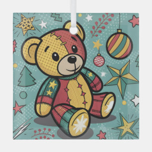 Whimsical Patchwork Christmas Teddy Bear Glass Ornament