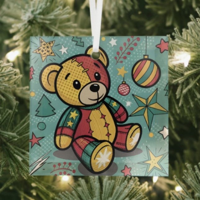 Whimsical Patchwork Christmas Teddy Bear Glass Ornament (Glass Square Ornament frosted back one-sided printable size: 3”.
  
)