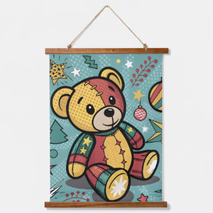 Whimsical Patchwork Christmas Teddy Bear Hanging Tapestry