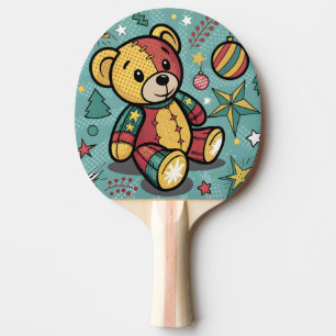 Whimsical Patchwork Christmas Teddy Bear Ping Pong Paddle