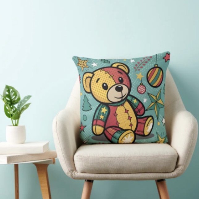 Whimsical Patchwork Christmas Teddy Bear Throw Pillow (Throw Pillow 100% polyester heavyweight stretch material. Hidden zipper Made in the USA.
)