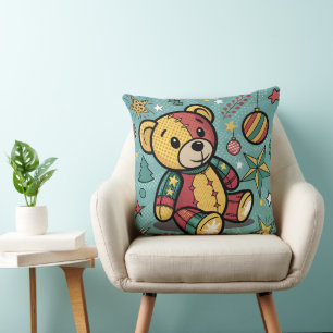 Whimsical Patchwork Christmas Teddy Bear Throw Pillow