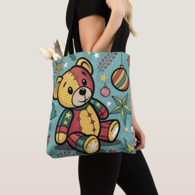 Whimsical Patchwork Christmas Teddy Bear Tote Bag (Tote Bag — 100% polyester, black laminated lining 100% cotton web hand. Made in the USA.
)