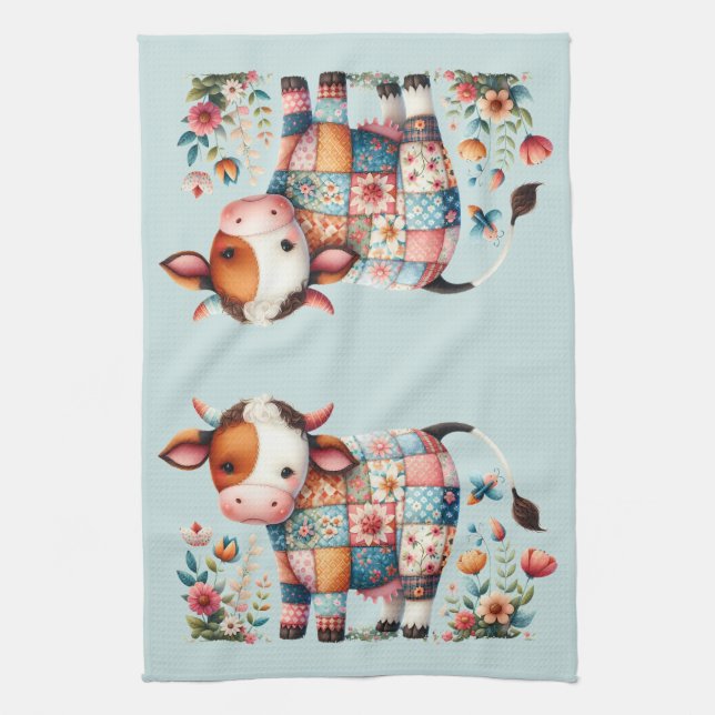 Whimsical Patchwork Cow With Floral Accents Kitchen Towel (Vertical)