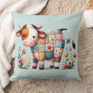 Whimsical Patchwork Cow With Floral Accents Throw Pillow