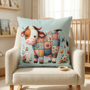 Whimsical Patchwork Cow With Floral Accents Throw Pillow