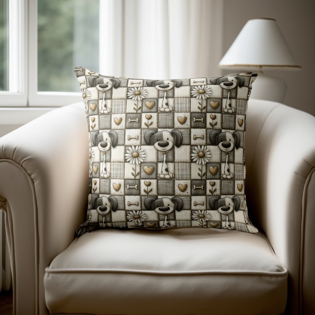 Whimsical Patchwork Dog Pattern Throw Pillow (Creator Uploaded)