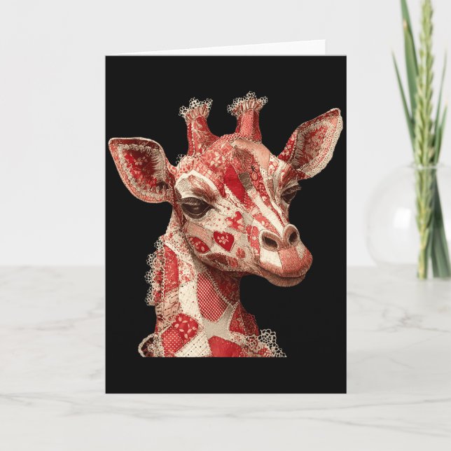 Whimsical Patchwork Hearts Romantic Giraffe  Card (Front)