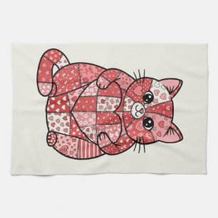 Whimsical Patchwork Kitten Holding Heart Art Kitchen Towel