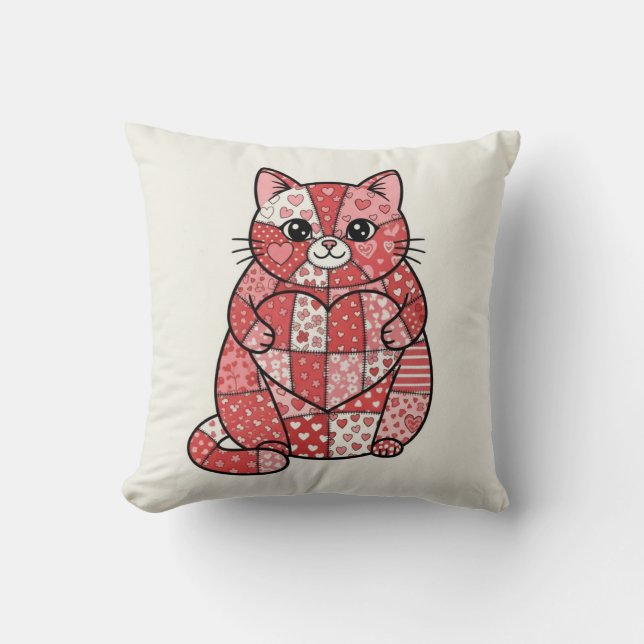 Whimsical Patchwork Kitten Holding Heart Art Throw Pillow (Front)