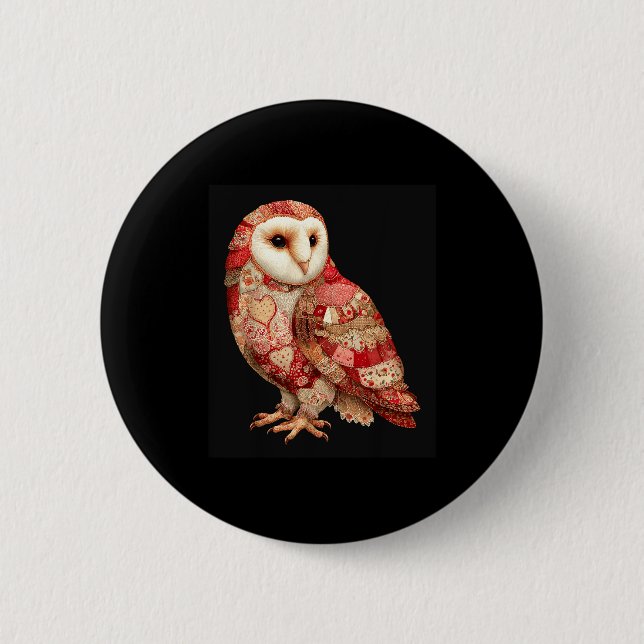 Whimsical Patchwork Owl With Hearts Pattern  2 Inch Round Button (Front)