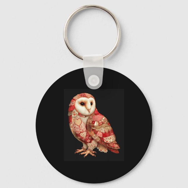 Whimsical Patchwork Owl With Hearts Pattern  Keychain (Front)