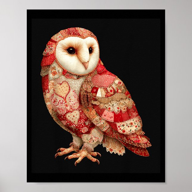 Whimsical Patchwork Owl With Hearts Pattern  Poster (Front)
