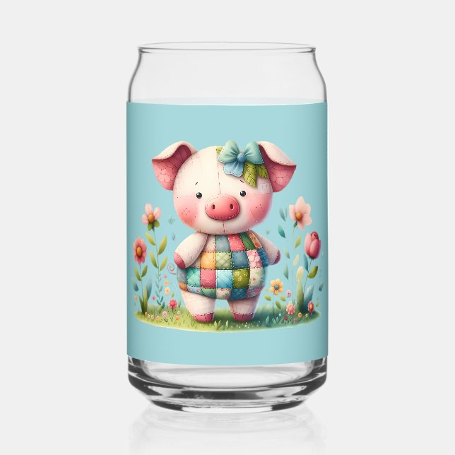 Whimsical Patchwork Pig in Floral Garden Can Glass (Front)