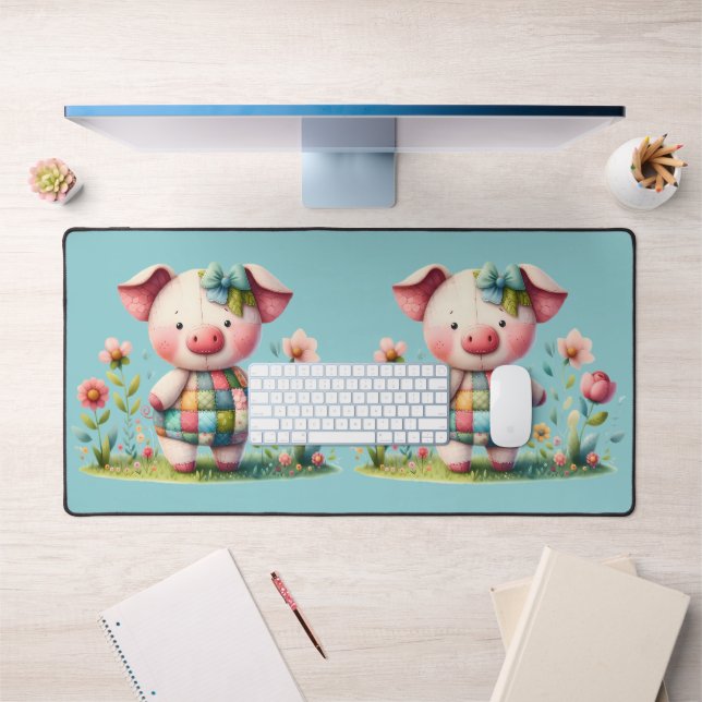 Whimsical Patchwork Pig in Floral Garden Desk Mat (Office 1)
