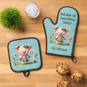 Whimsical Patchwork Pig in Floral Garden Oven Mitt & Pot Holder Set