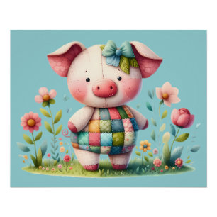 Whimsical Patchwork Pig in Floral Garden Poster