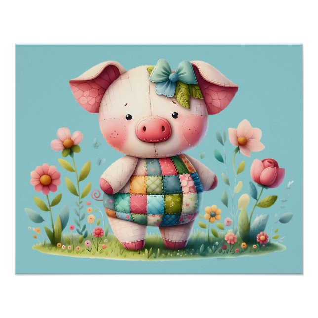 Whimsical Patchwork Pig in Floral Garden Poster (Front)