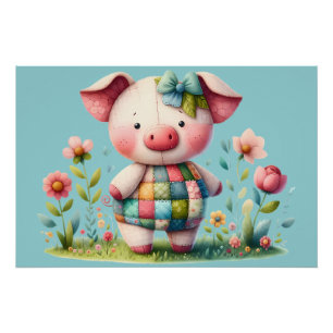 Whimsical Patchwork Pig in Floral Garden Poster