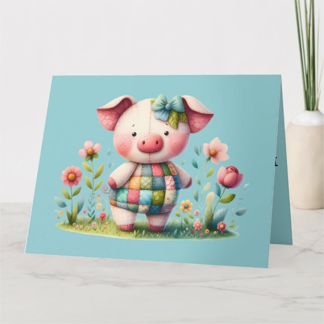 Whimsical Patchwork Pig in Floral Garden Thank You Card (Front)