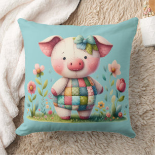 Whimsical Patchwork Pig in Floral Garden Throw Pillow