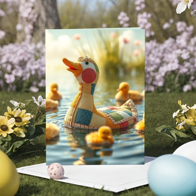 Whimsical Patchwork Plush Duck Mama Joyful Easter Holiday Card (Adorable patchwork mama duck plushie Easter card with swimming baby ducklings in Spring sunshine.)