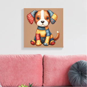 Whimsical Patchwork Puppy Cottagecore Folk Art Canvas Print