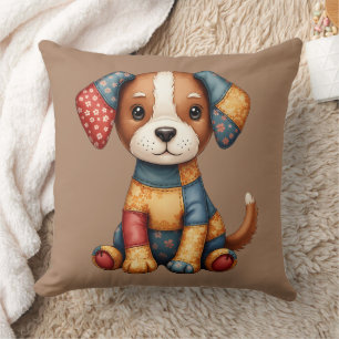 Whimsical Patchwork Puppy Cottagecore Folk Art Throw Pillow