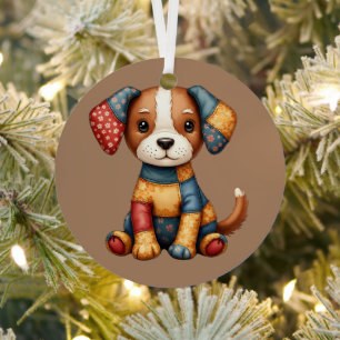 Whimsical Patchwork Puppy Folk Art Cottagecore  Metal Ornament