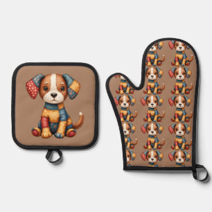 Whimsical Patchwork Puppy Folk Art Cottagecore  Oven Mitt & Pot Holder Set