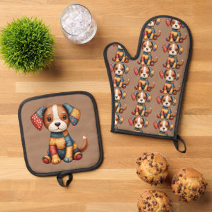 Whimsical Patchwork Puppy Folk Art Cottagecore Oven Mitt & Pot Holder Set