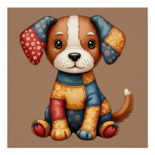 Whimsical Patchwork Puppy Folk Art Cottagecore  Poster