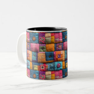Whimsical Patchwork Quilt Pattern: Colorful Design Two-Tone Coffee Mug