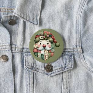 Whimsical Patchwork Santa Folk Christmas 3 Inch Round Button
