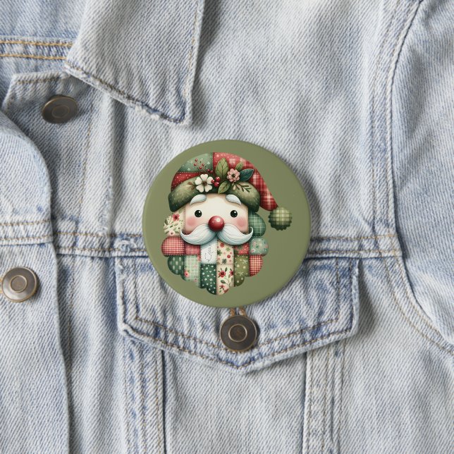 Whimsical Patchwork Santa Folk Christmas 3 Inch Round Button (In Situ)
