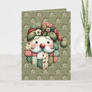 Whimsical Patchwork Santa Folk Christmas Card
