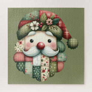 Whimsical Patchwork Santa Folk Christmas Jigsaw Puzzle