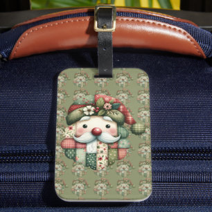 Whimsical Patchwork Santa Folk Christmas Luggage Tag