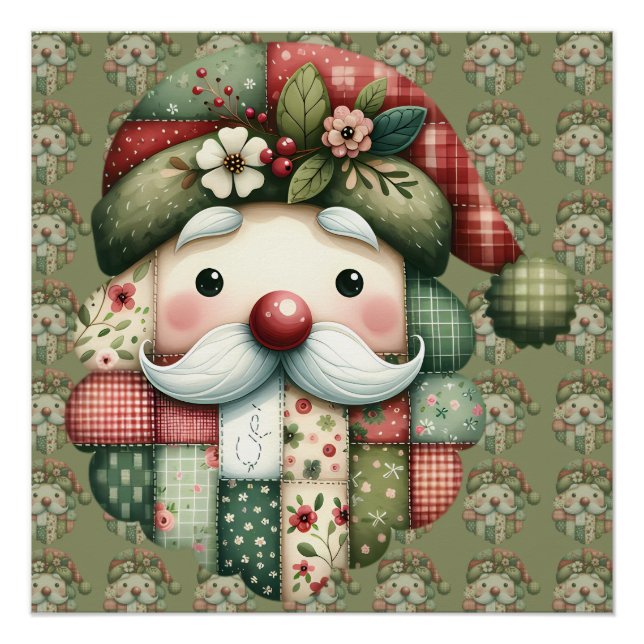 Whimsical Patchwork Santa Folk Christmas Poster (Front)