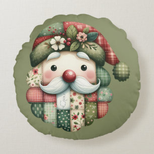 Whimsical Patchwork Santa Folk Christmas Round Pillow
