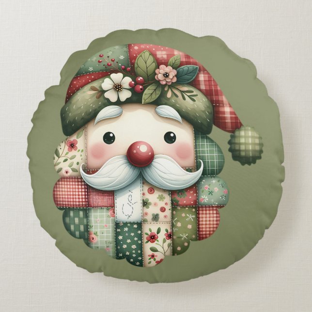 Whimsical Patchwork Santa Folk Christmas Round Pillow (Front)