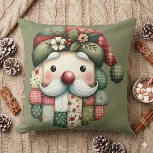 Whimsical Patchwork Santa Folk Christmas Throw Pillow