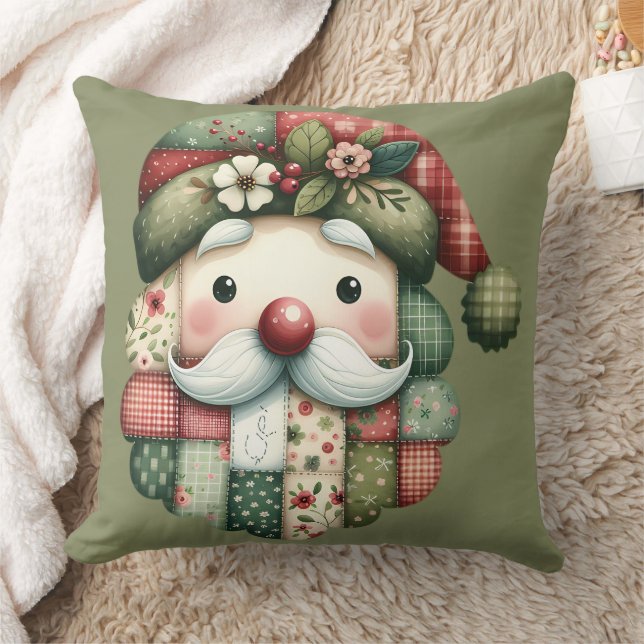 Whimsical Patchwork Santa Folk Christmas Throw Pillow (Blanket)