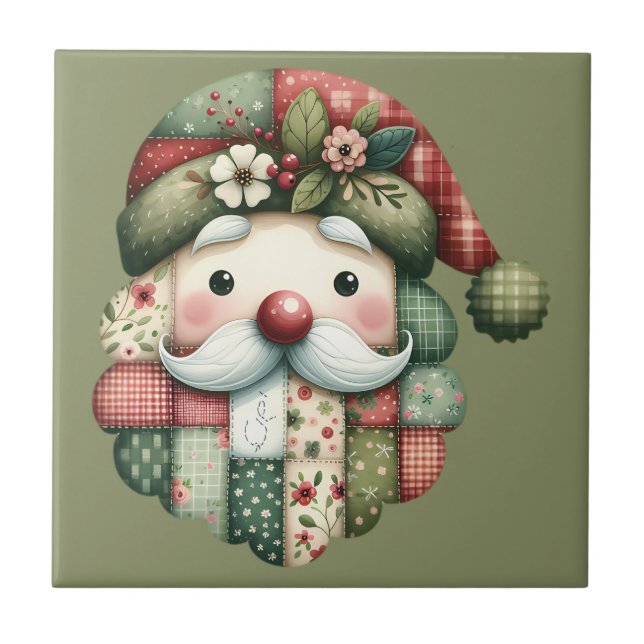 Whimsical Patchwork Santa Folk Christmas Tile (Front)