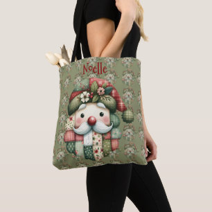 Whimsical Patchwork Santa Folk Christmas Tote Bag
