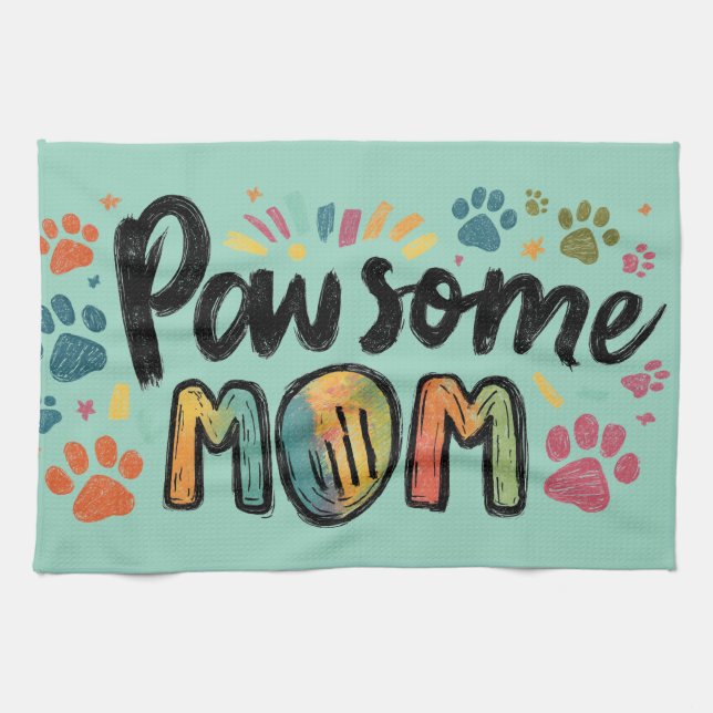 Whimsical "Pawsome MOM" Graphic with Colorful Paws Kitchen Towel (Horizontal)