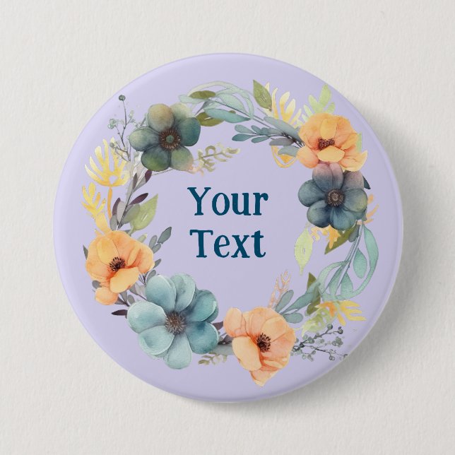 Whimsical Peach and Blue Flower Wreath Lapel Charm 3 Inch Round Button (Front)